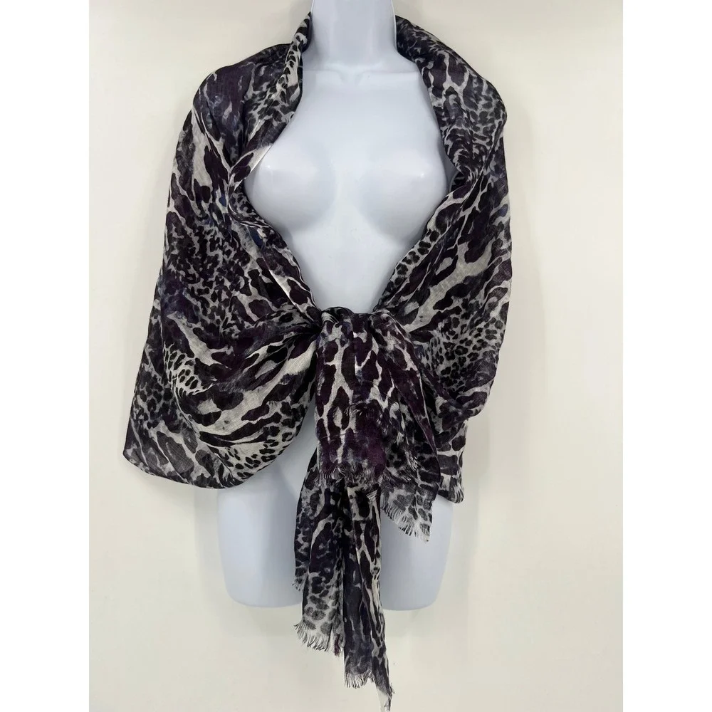 Chico's Purple Black Leopard Animal Print Lightweight Fringe Scarf Wrap